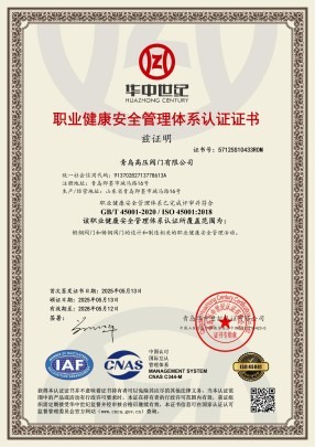 职业健康安全管理体系认证证书